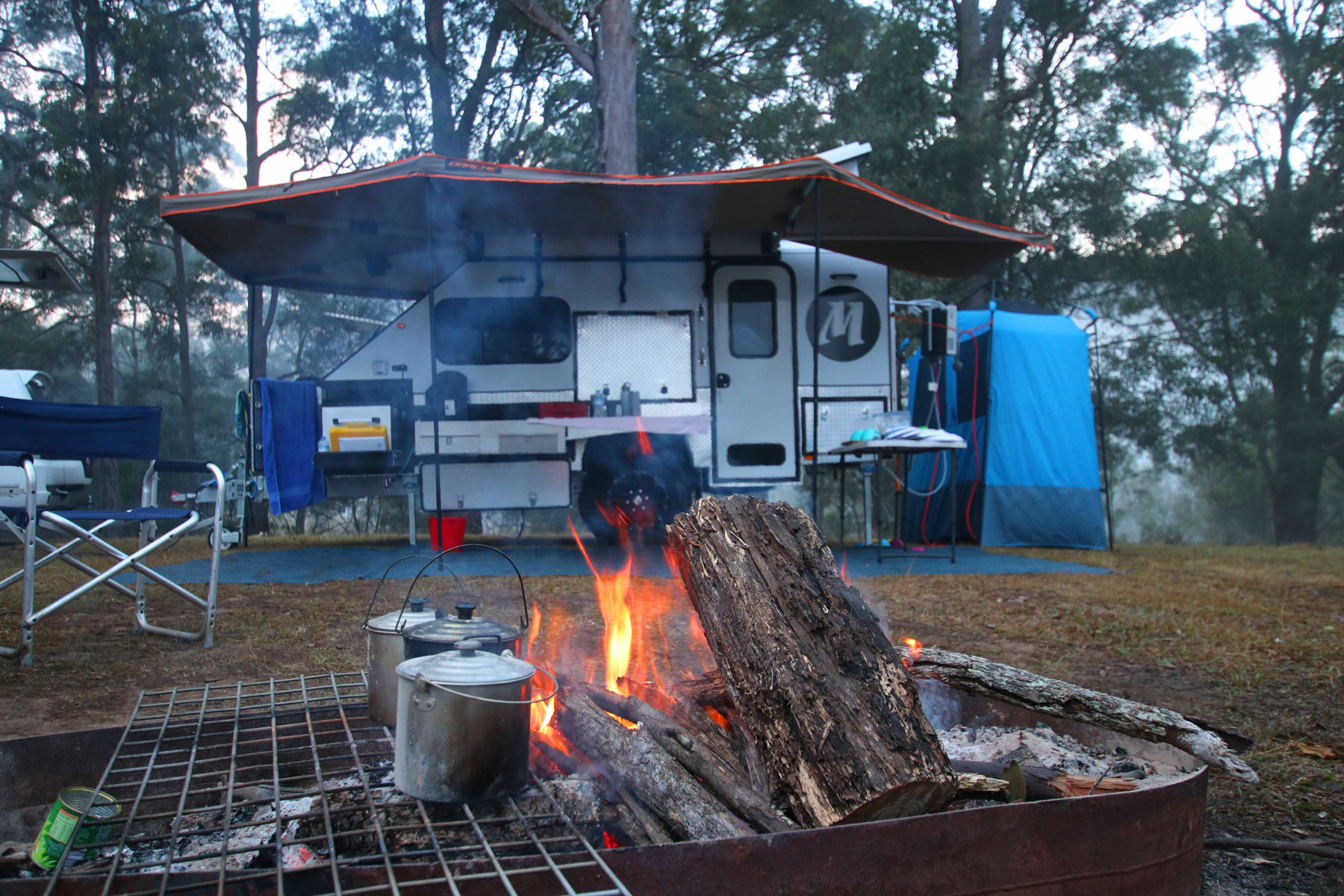 Modcon RV off road hybrid camper trailers camp fire