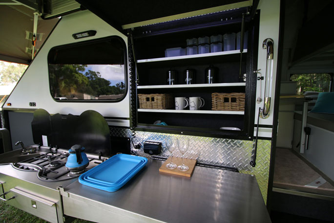 Modcon RV off road hybrid camper trailers C3 Prep bench under pantry