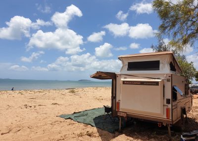 Modcon RV off road hybrid camper trailers C3 set up on the beach in Cape York