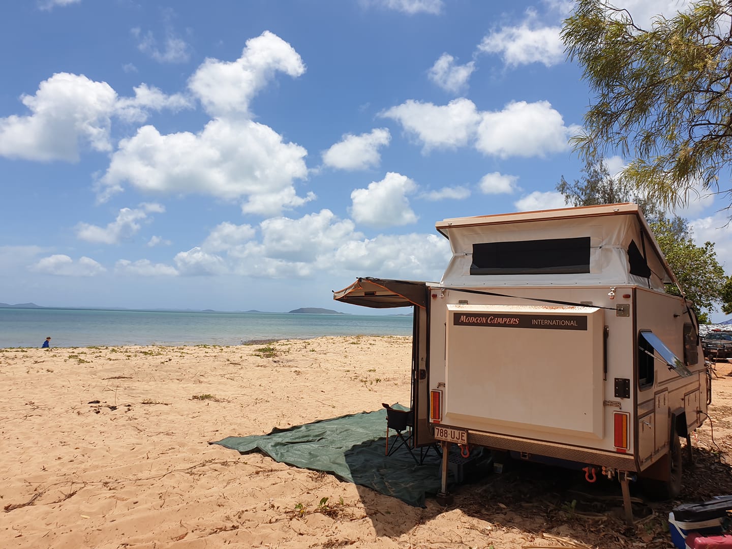 Modcon RV off road hybrid camper trailers C3 set up on the beach in Cape York