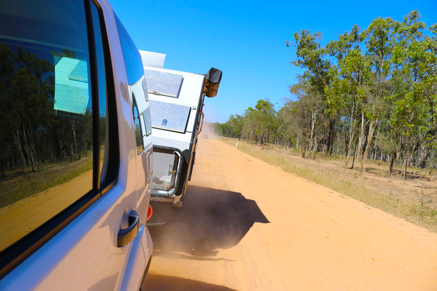 Modcon RV off road hybrid camper trailers C3 being towed on outback Queensland track