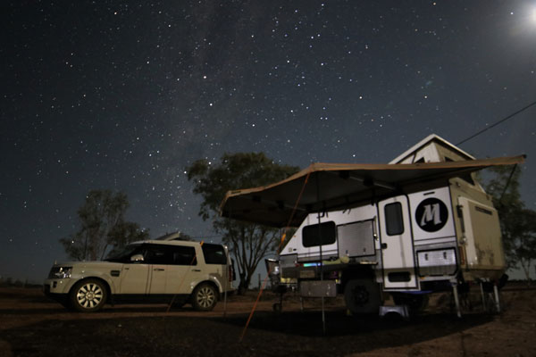 Modcon RV off road hybrid camper trailers C3 set up under starry night