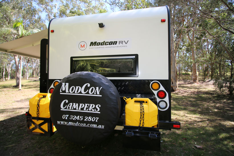 Modcon RV off road caravans Cruiser 16 rear end, spare wheel and jerry can holders