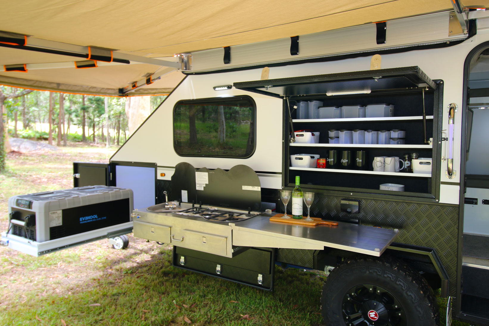 Modcon RV off road hybrid camper trailers C3P under awning