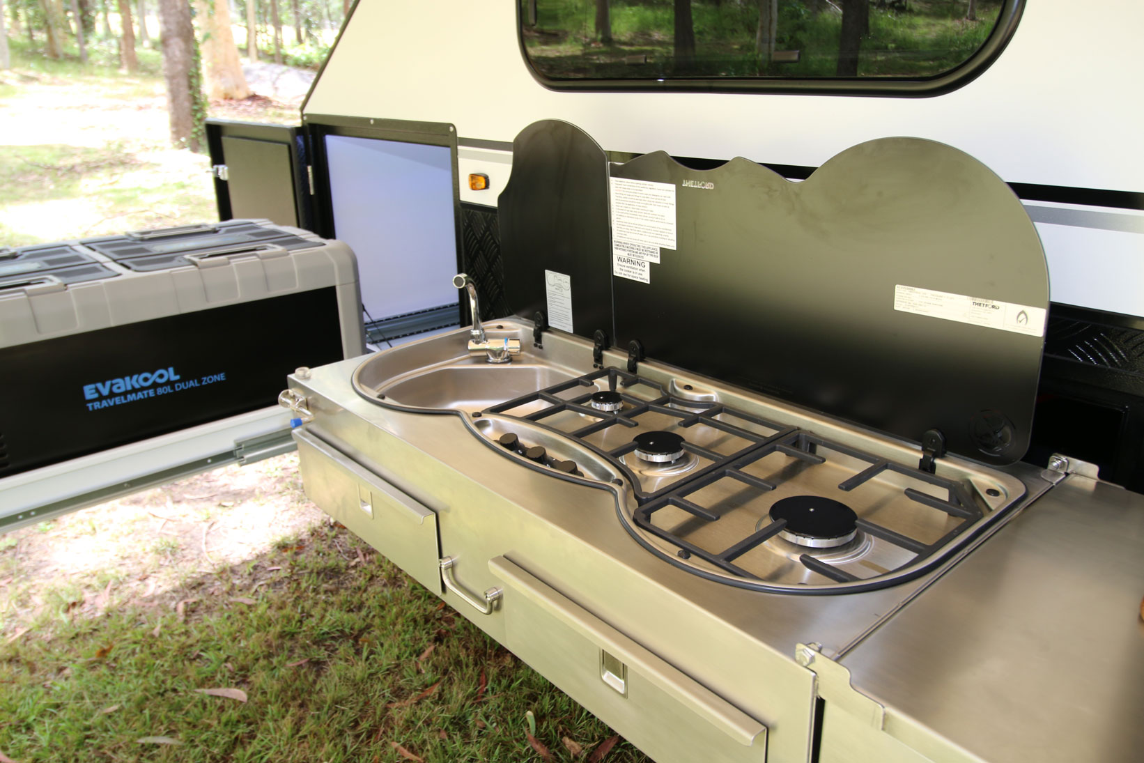 Modcon RV off road hybrid camper trailers C3P kitchen and fridge