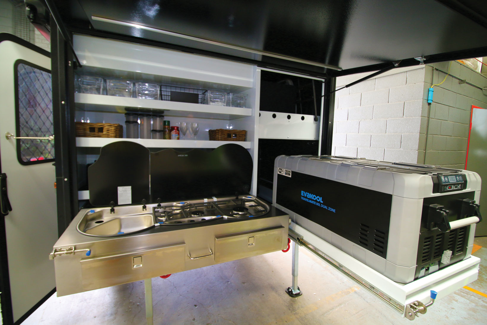 Modcon RV C2 kitchen open with fridge and stove